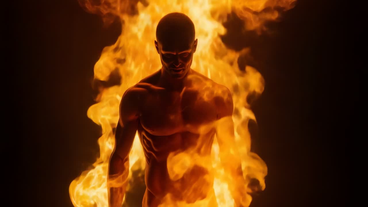 Standing shirtless man bowing as flames igniting and growing behind him for staged effect in studio