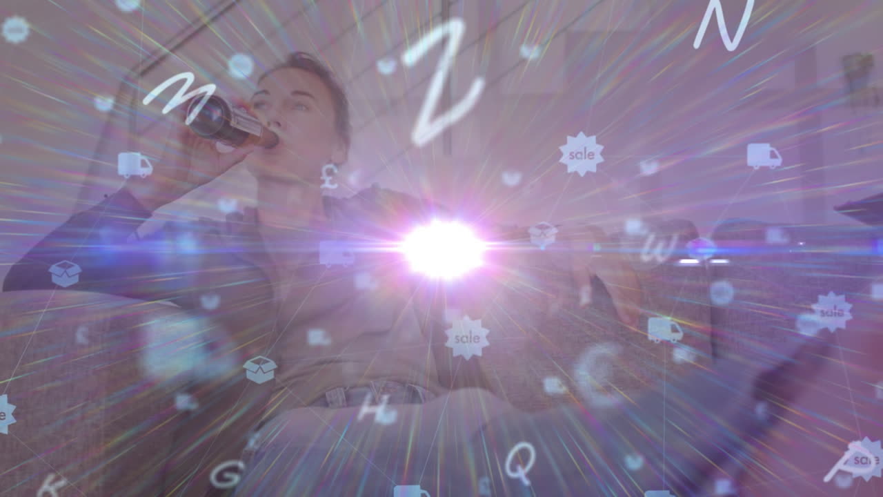 집에서 술을 마시는 여성 위에 글자를 바꾸고 반 ⁇ 이는 빛의 애니메이션