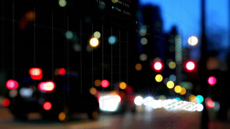 animación de múltiples gráficos y datos del mercado de valores moviéndose sobre llamaradas de lente en la ciudad por la noche