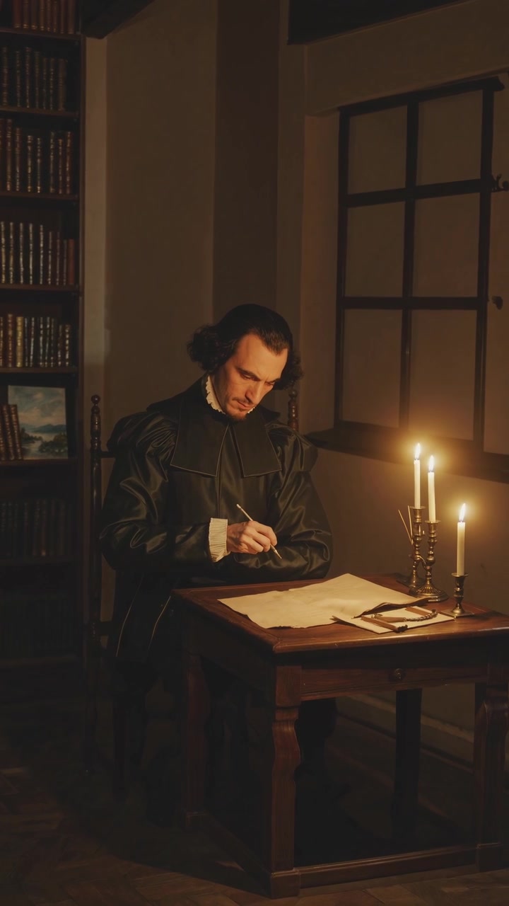 Scholar Writing with Quill and Parchment by Candlelight