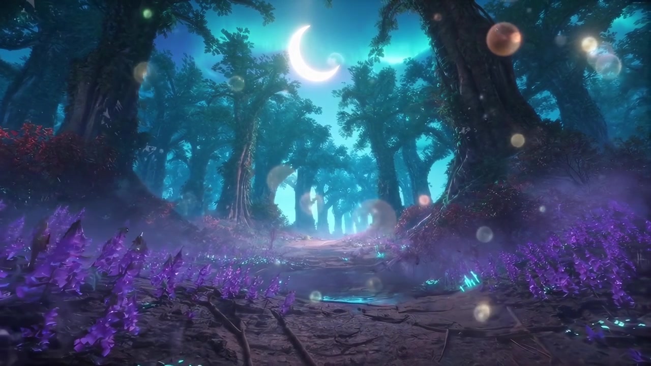 Foresta incantata di notte con fiori viola luminosi e luna crescente