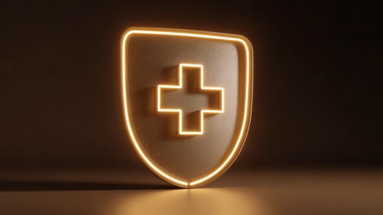 A captivating display of a glowing shield emblem with a medical cross, illustrating the concept of health, protection, and safety in a visually striking design that draws attention