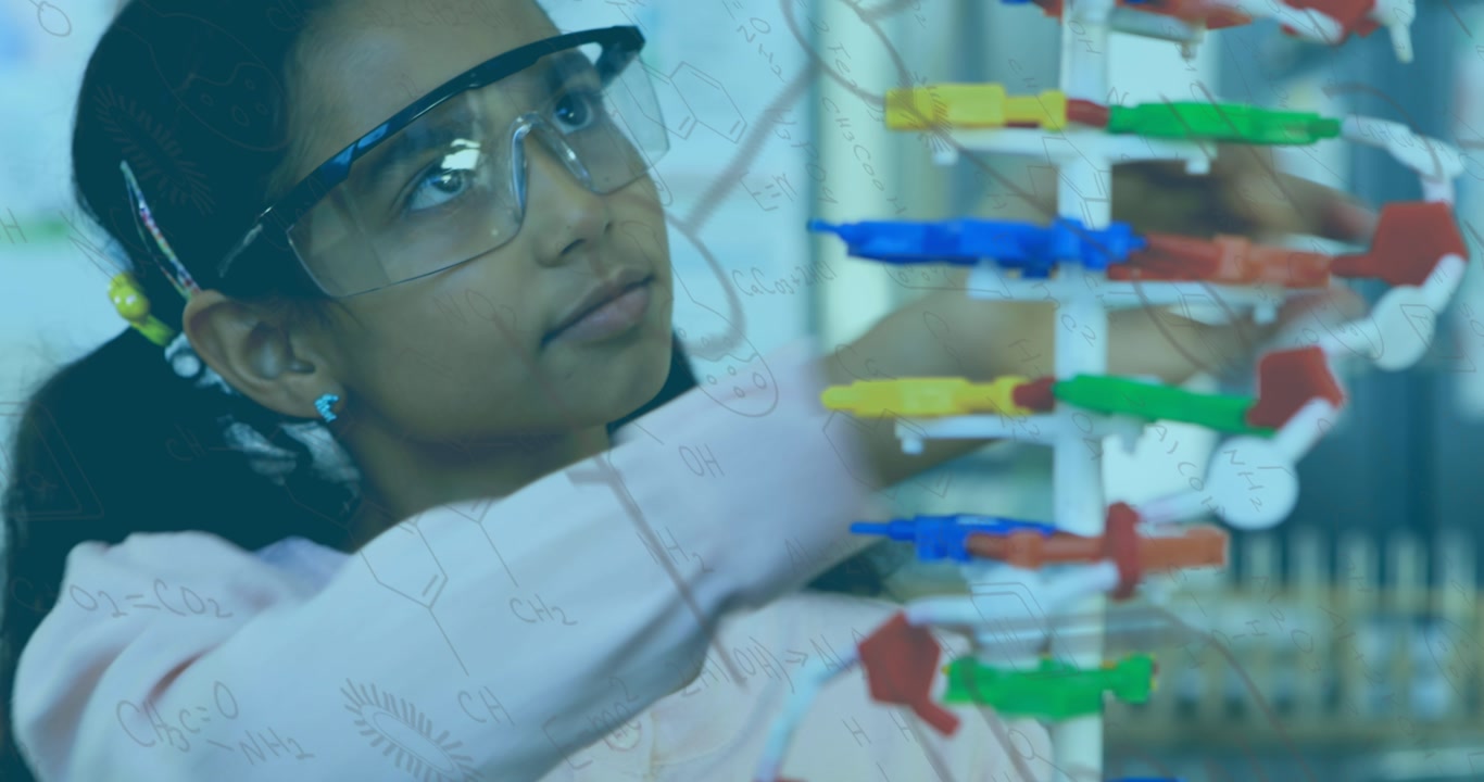 Animation of mathematical equations over girl with model in lab