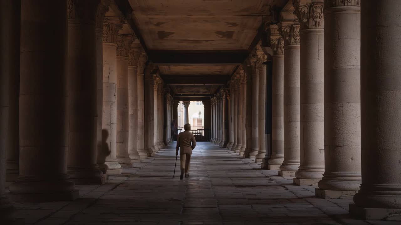 Hombre mayor caminando con bastón por una columnata flanqueada por columnas de piedra hacia una apertura luminosa