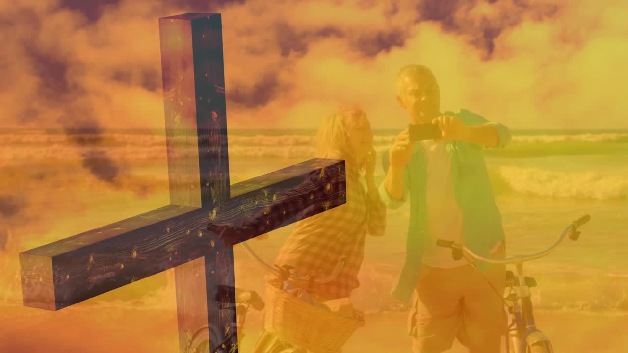 Seniors posing by bikes, man raising device capturing selfie, composited cross left tech overlay