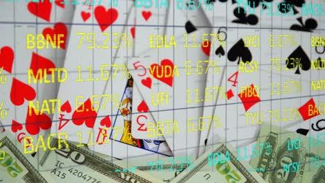 animation of financial data processing over cards and dollars on board
