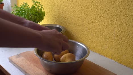 Manos-Masculinas-Recogiendo-Patatas-De-Un-Cuenco-De-Plata-Y-Pelándolas-Con-Un-Pelador,-Plano-Medio-Con-Plantas-De-Fondo