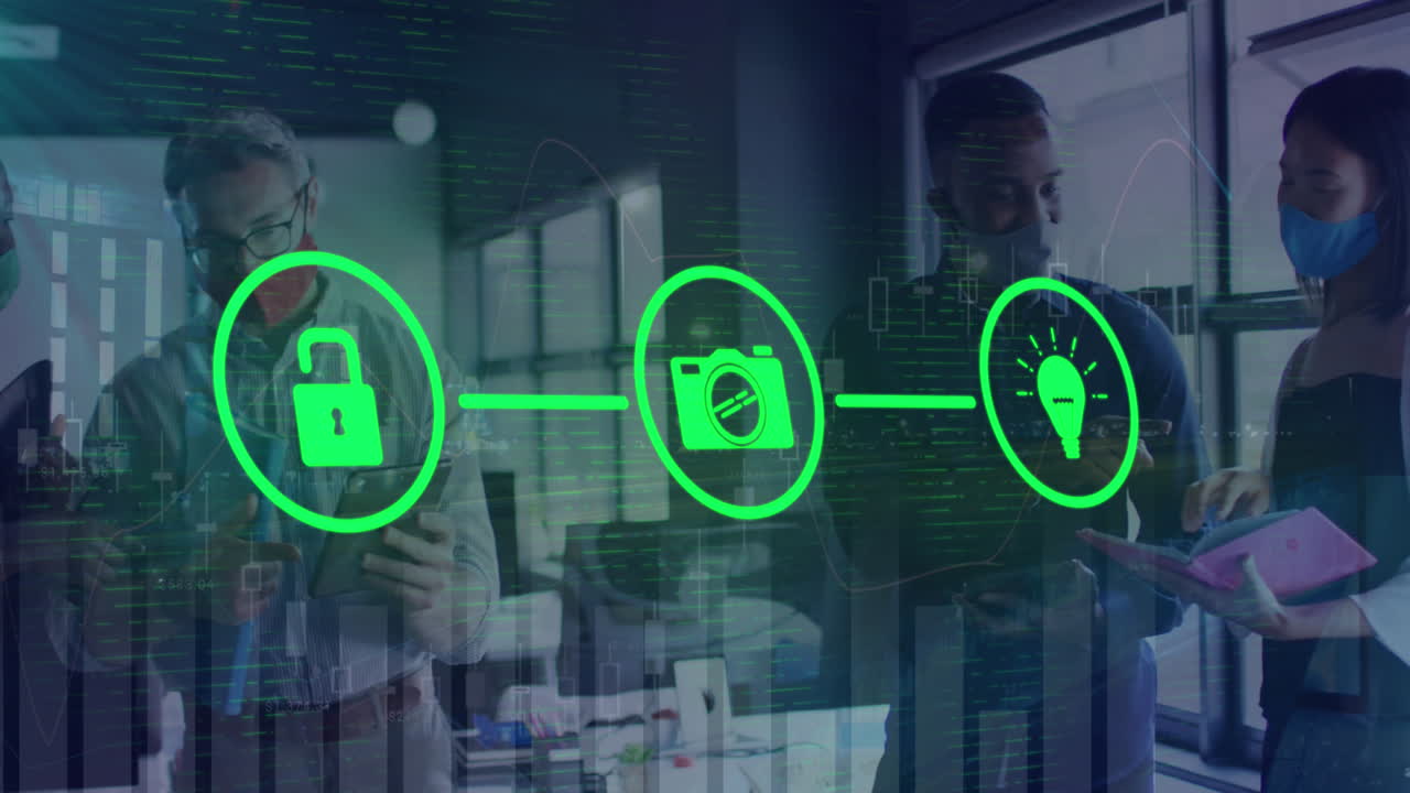 animación de diagrama de flujo de iconos, gráficos, diversos compañeros de trabajo discutiendo informes en la oficina