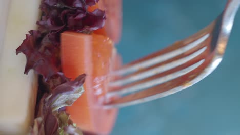 close-up of food with tomato, lettuce, and cheese on a fork