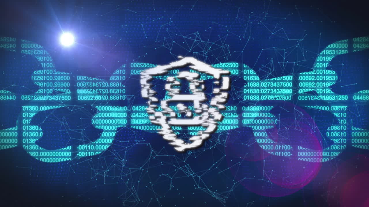 Animation of online security padlock and network of connections over dark background