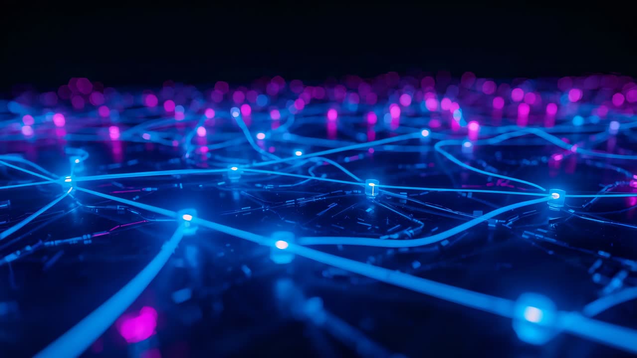 Opening mirrored digital plane, glowing nodes and luminous connecting lines pulsing data flow