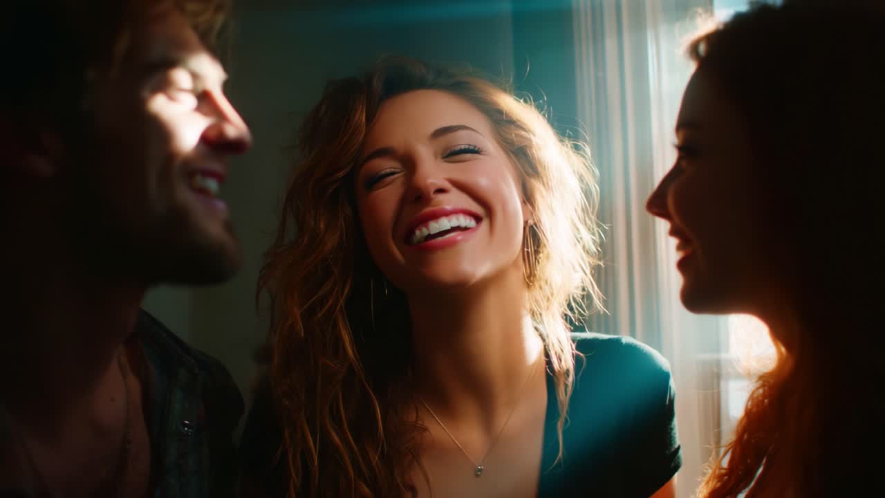 A Joyous Moment Captured: Three Friends Sharing Laughter and Connection in a Radiant Atmosphere with Sunlight Illuminating Their Vibrant Expressions and Genuine Smiles Full of Happiness and Camaraderie