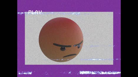 Digital-animation-of-vhs-glitch-effect-over-angry-face-emoji-on-purple-background