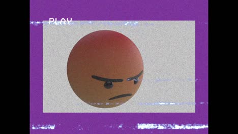 digital animation of vhs glitch effect over angry face emoji on purple background