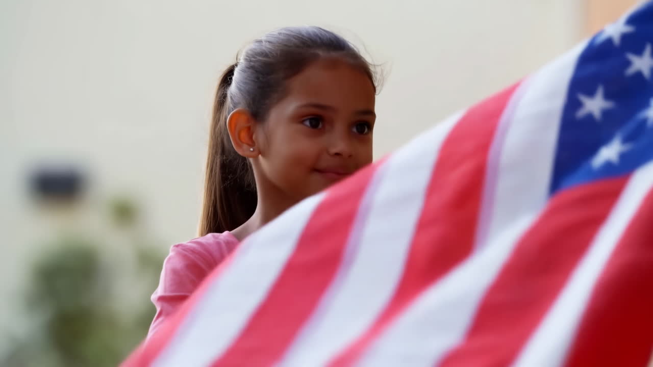 Giovane ragazza che sventola la bandiera americana all'aperto