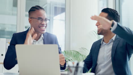 Laptop,-high-five-and-celebration-with-business