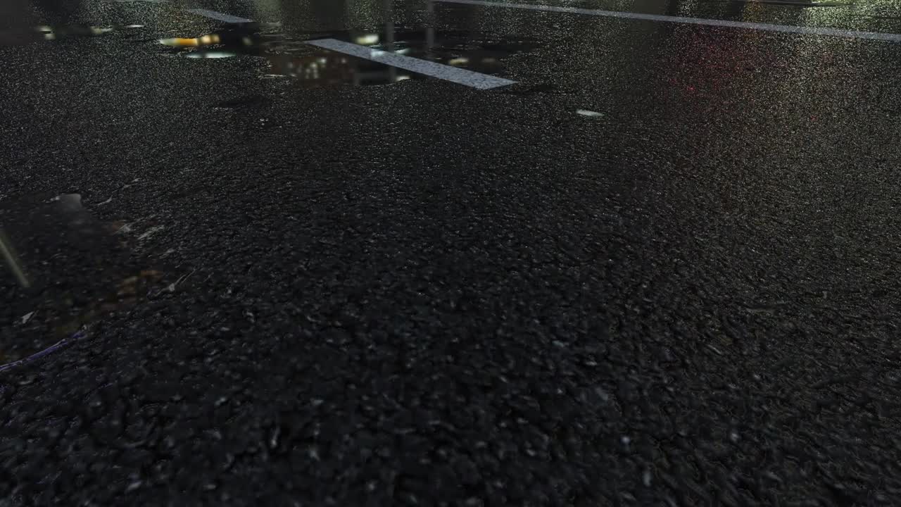 3d lluvia fuerte golpeando la carretera por la noche - 4k partículas de lluvia realistas (loopable) - día lluvioso en una calle colorida con tráfico - carretera húmeda por la noite - toma de ángulo bajo en la lluvia - lluvia y reflejo en la carretera - imagen en movimiento loopable - nueva york