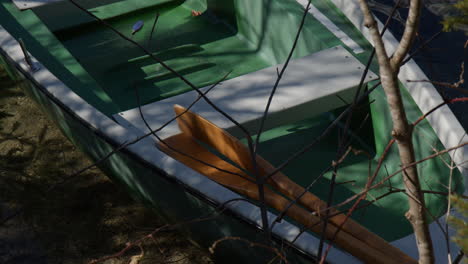 wooden boat with paddles resting on the lakeshore. high angle shot