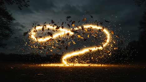 a captivating display of sparkling light and whirling leaves in a mysterious atmosphere, creating enchanting shapes against a darkening sky