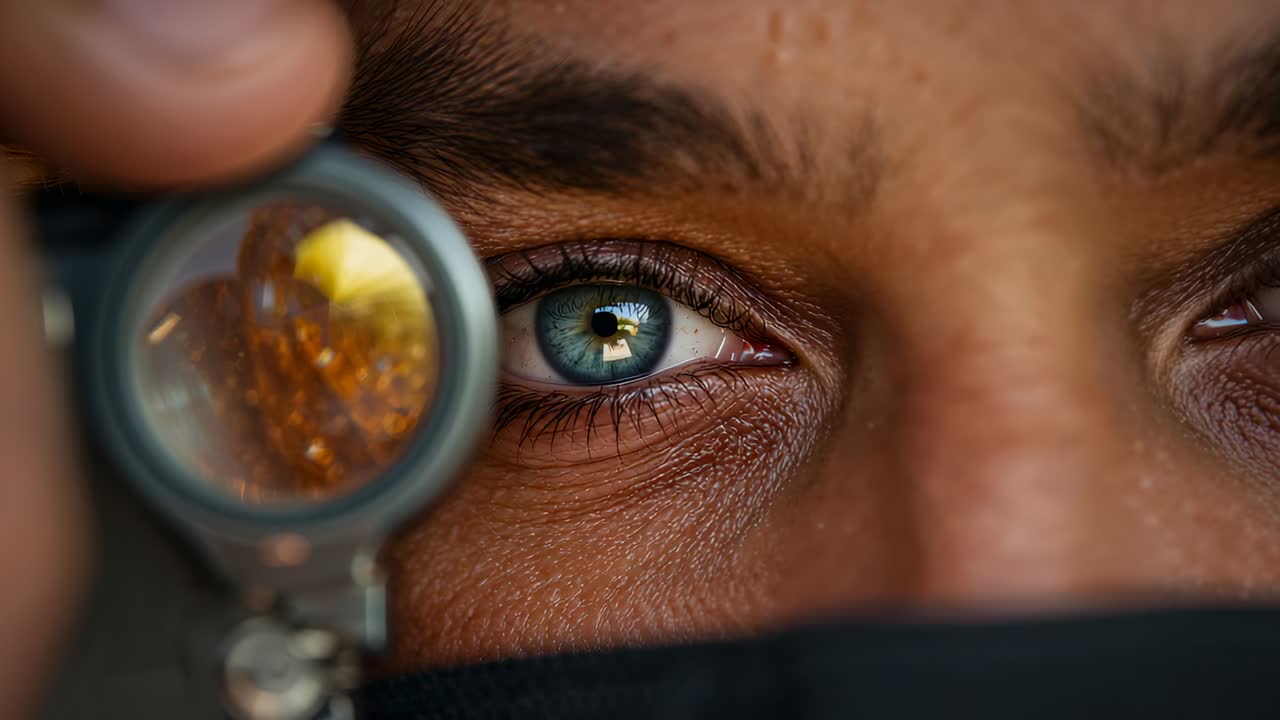Holding loupe to right eye, jeweler adjusting focus to inspect amber gem at bench, wearing mask
