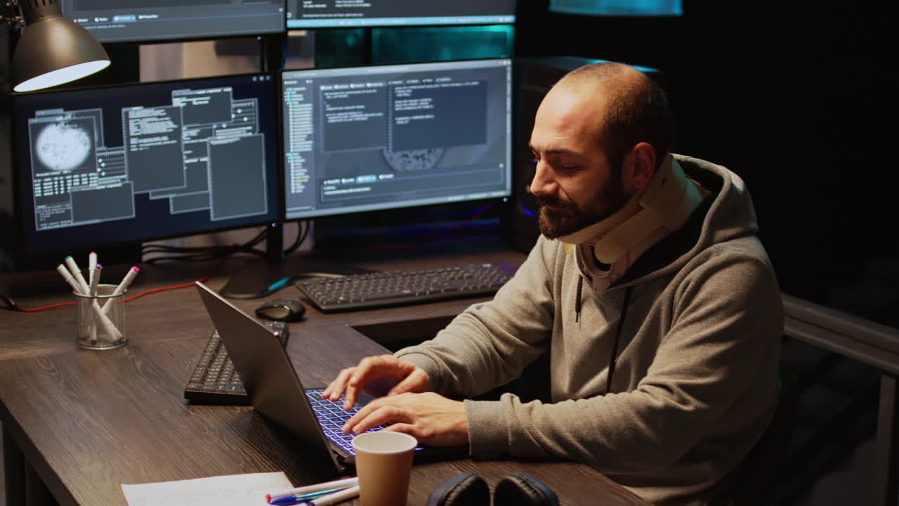 Man with neck brace working on computer