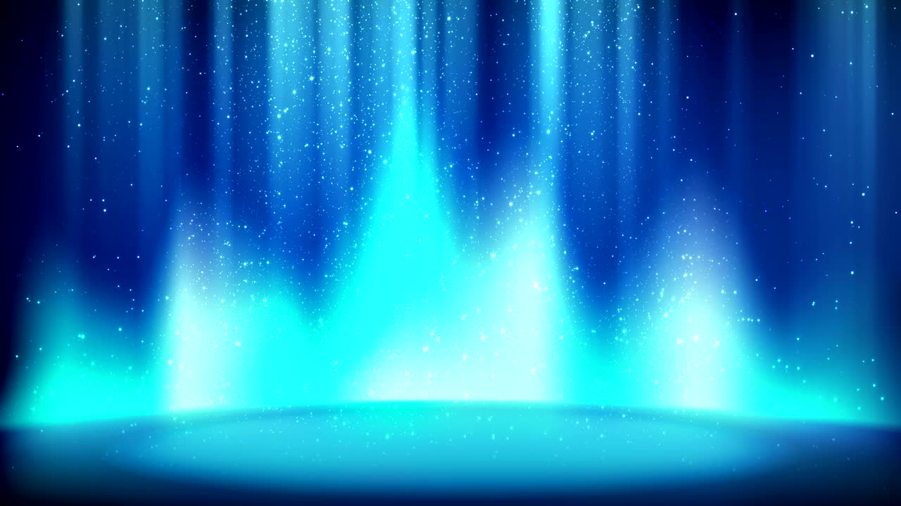 반이는 배경에 파란색 장면, 밝은 시안 스포트라이트로 조명 된 빈 장소, 반이는 반이는 입자가 떨어집니다. 매력적인 디자인을위한 다채로운 푸른 배경, 원활한 루프