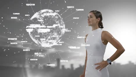 Animation-of-globe-with-connections-and-data-processing-over-businesswoman