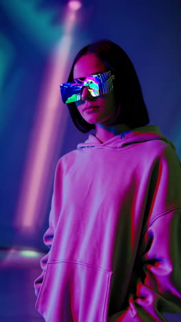 young woman with futuristic smart glasses in neon light