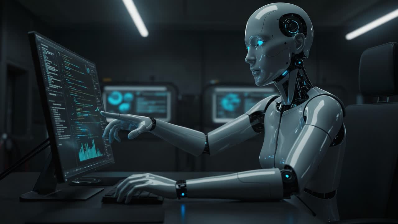 A Futuristic Robot Engaged in Complex Programming Tasks on a High-Tech Computer in a Dimly Lit Laboratory, Showcasing Advanced AI Capabilities and Precision Interactivity