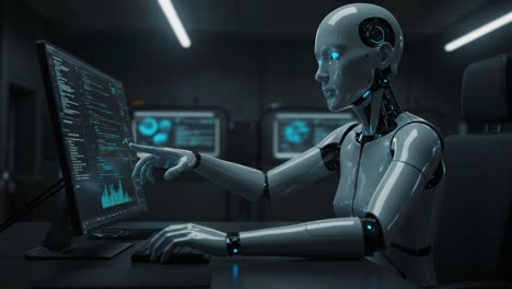 a futuristic robot engaged in complex programming tasks on a high-tech computer in a dimly lit laboratory, showcasing advanced ai capabilities and precision interactivity
