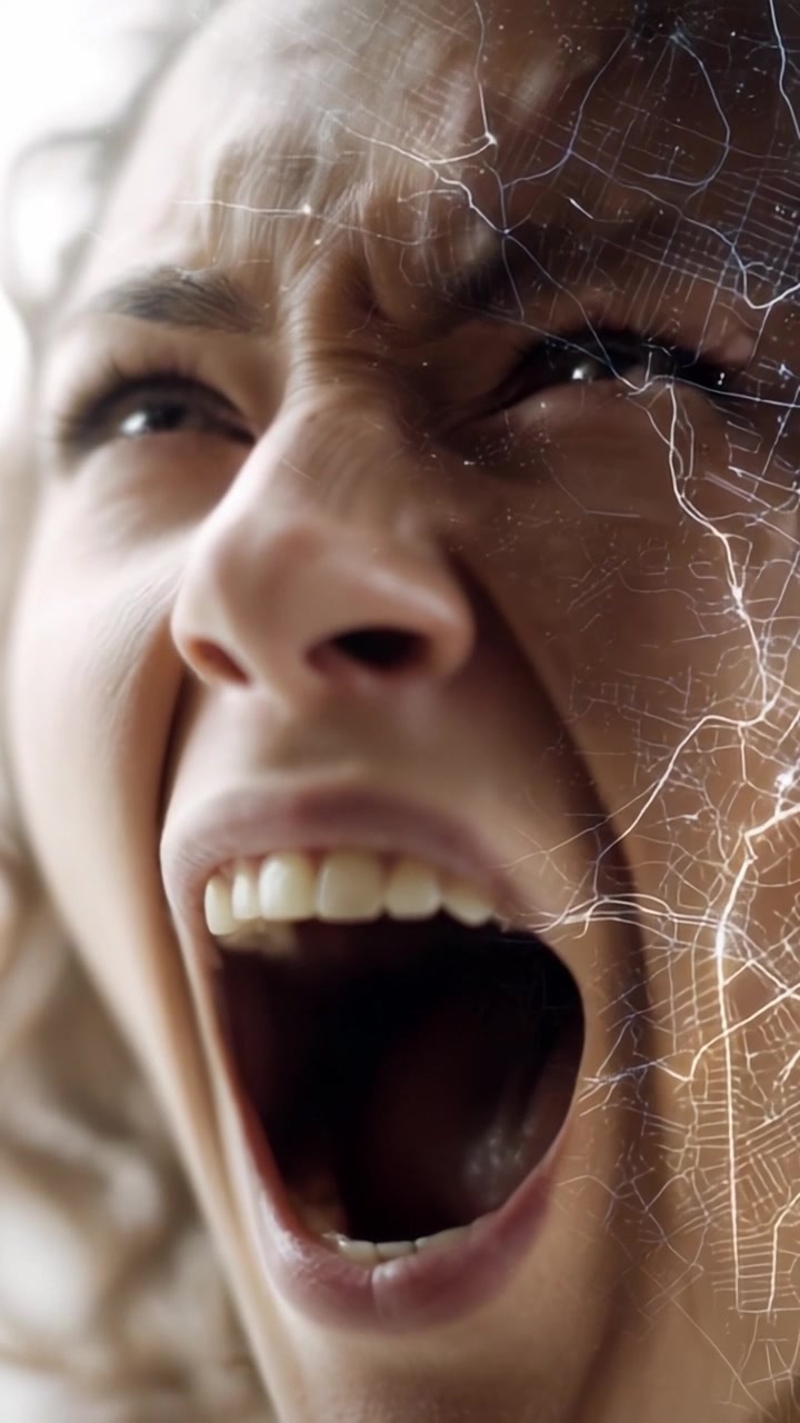 Un'Espressione Intensa di Emozione: Un Primo Piano del Volto di una Persona Cattura un Momento Potente di Rabbia, Paura o Euforia nel Suo Urlo a Bocca Aperta