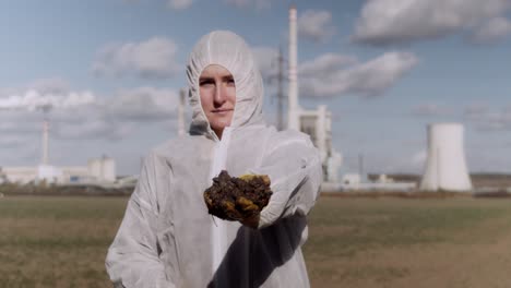 scientist holding oily clay from field, smoking factory background, ecological disaster concept