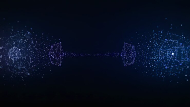 Starting two wireframe polyhedra exchanging particles across navy backdrop, visualizing data flow