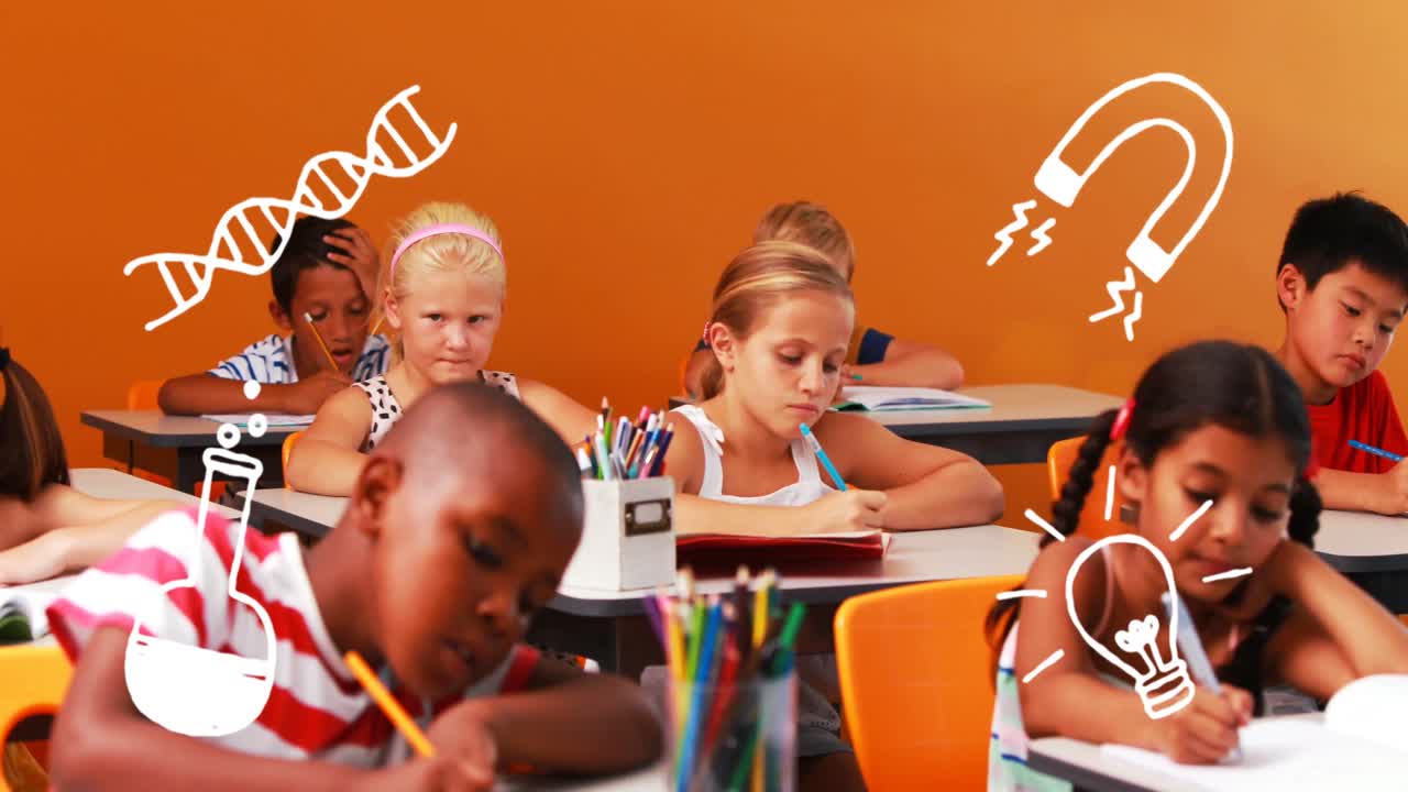 Animation of school icons over school children at school