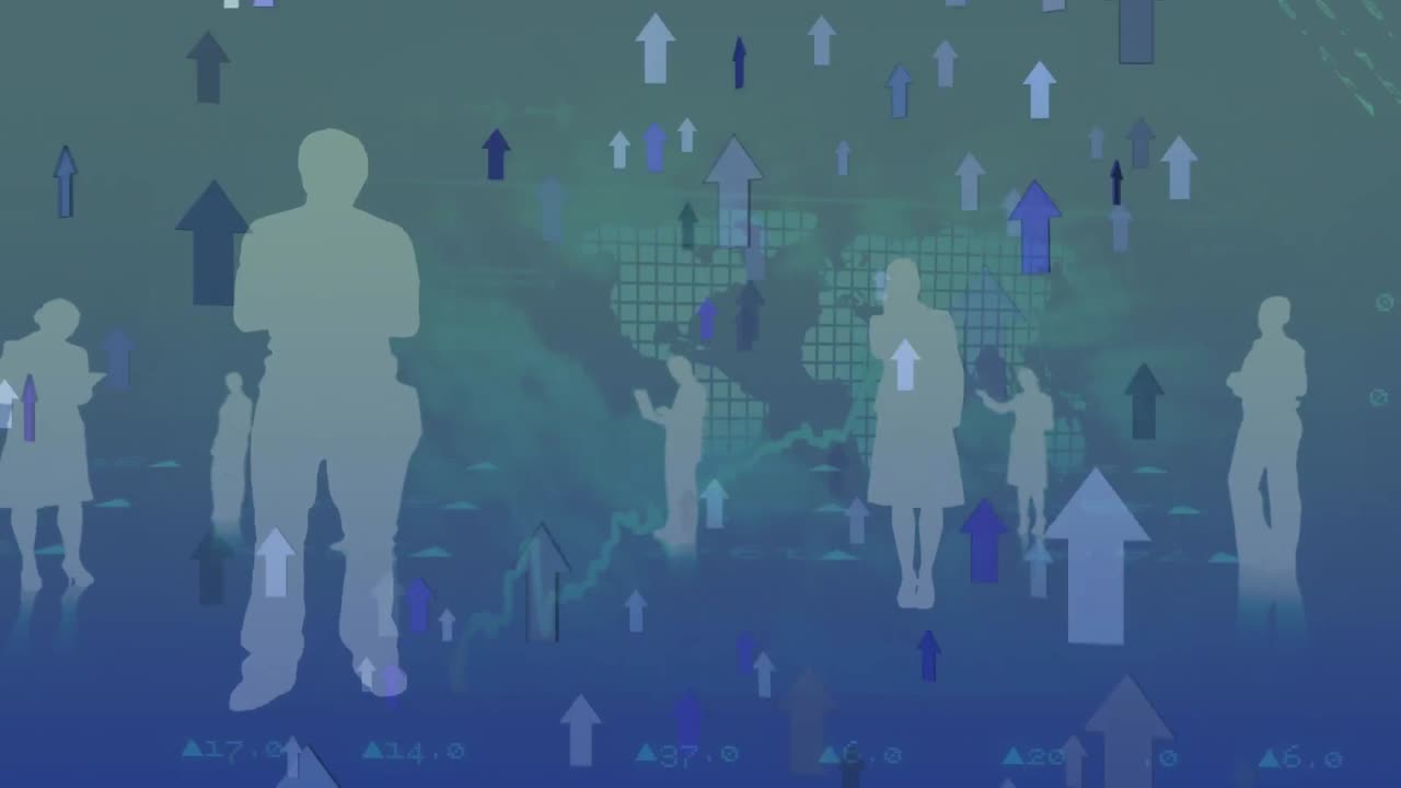 화살표가 위를 가리키고 사람들은 글로벌 시장에서 의사소통합니다.