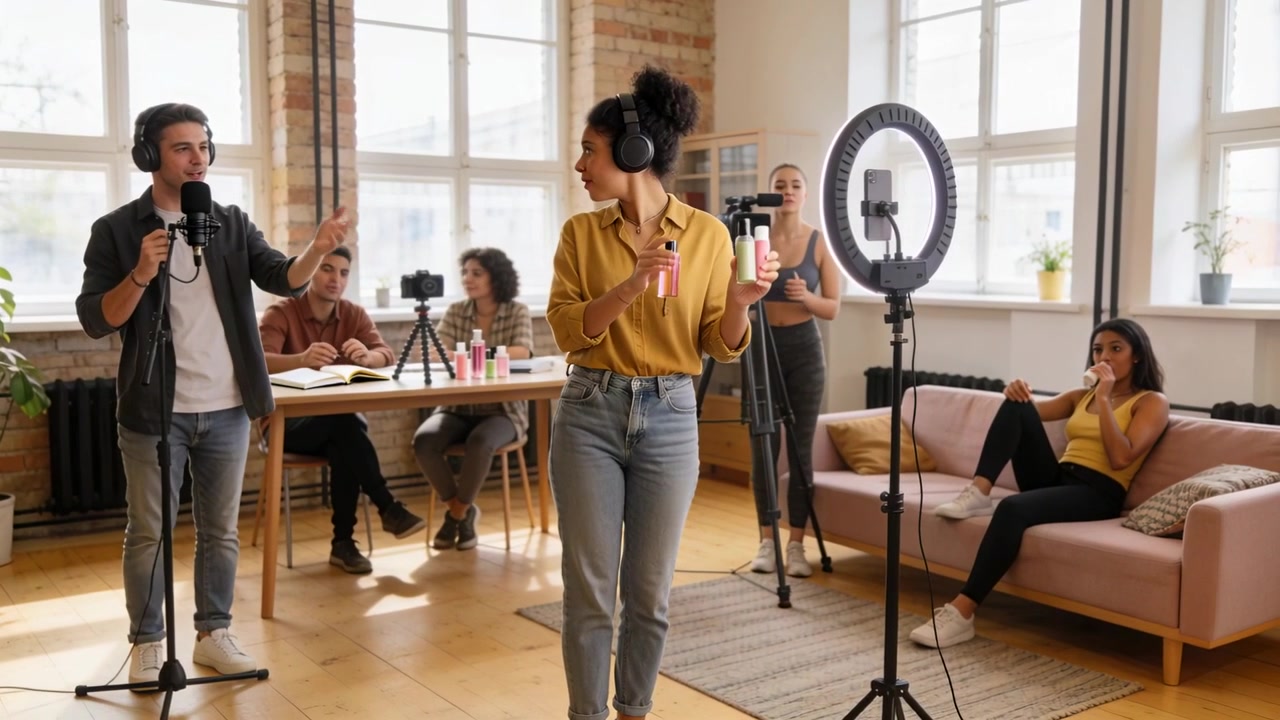 Vocalizing man cueing host in loft, rotating product bottles to camera recording, mustard top