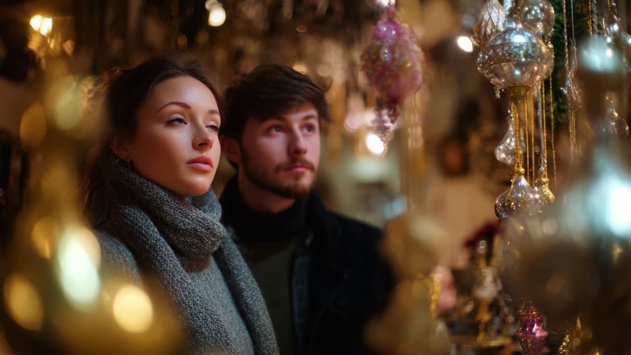 A couple admires beautifully crafted ornaments in a festive setting, surrounded by shimmering lights and sparkling decorations that create a magical and enchanting atmosphere, evoking warmth and nostalgia
