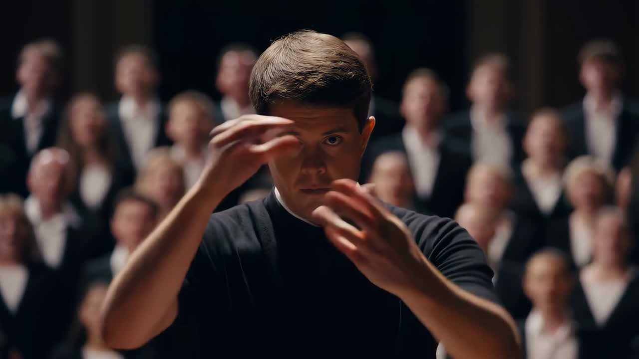 A male conductor leading a choir during a performance