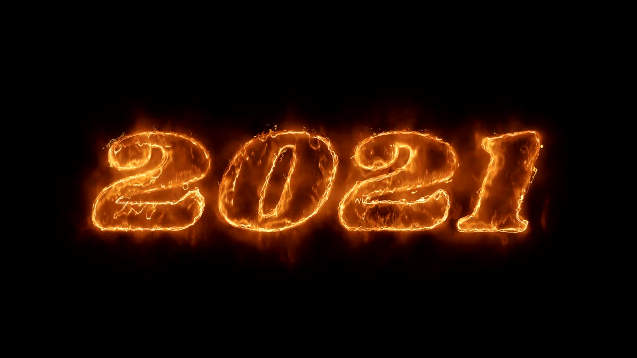 nuevo año 2021 palabra animada caliente ardiendo bucle de llama de fuego realista.