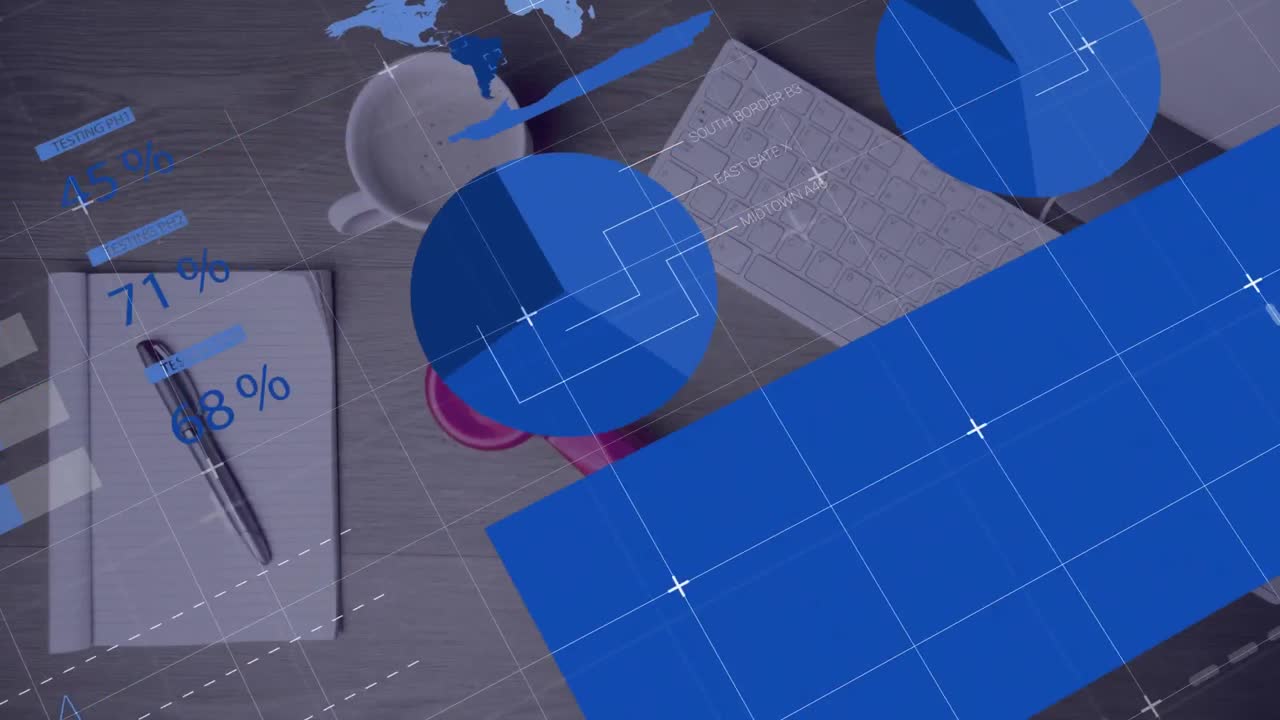 animación del procesamiento de datos contra el teléfono que cae sobre equipos de oficina en superficie de madera.