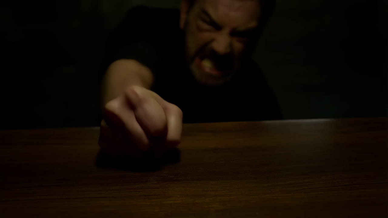 Man's intense anger and frustration, clenching fist on a table in the dark