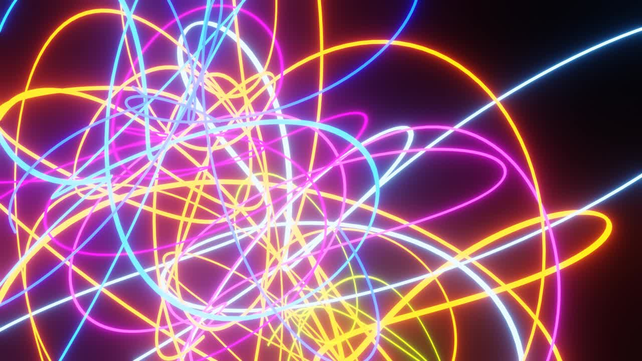 Abstract animation of moving and rotating neon stripes or threads on black background