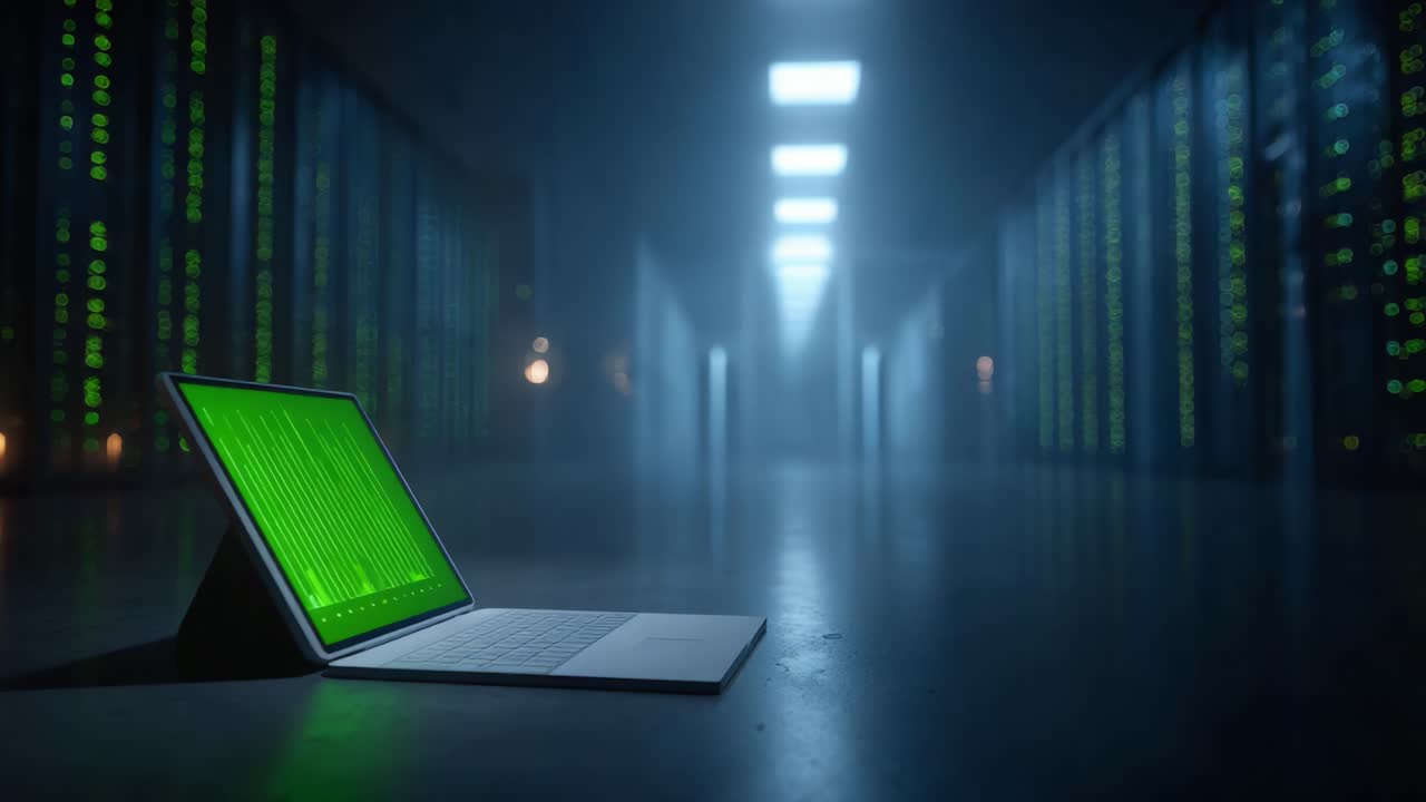 A captivating view of a modern data center showcasing a sleek tablet illuminated by vibrant green light, highlighting the technology's power in data management and computing