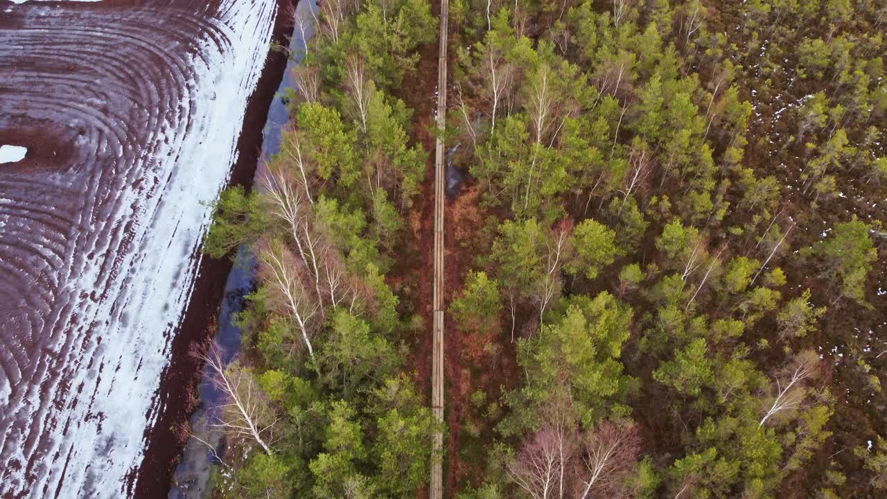 antena de vista de pájaro del fundador del paisaje pantanoso con paseo marítimo, en aumento