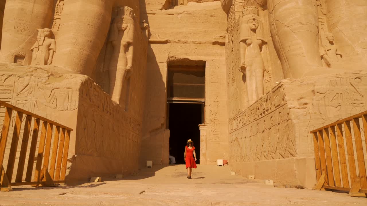 Abu Simbel Temple with Woman in Red Dress