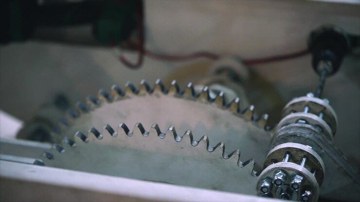 Close-up view of a mechanical system with gears and components