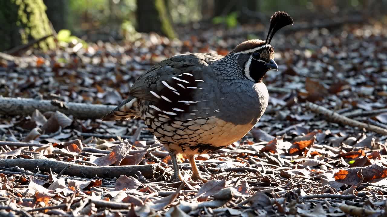 A close-up, ground-level shot of a quail in a forest, surrounded by fallen leaves