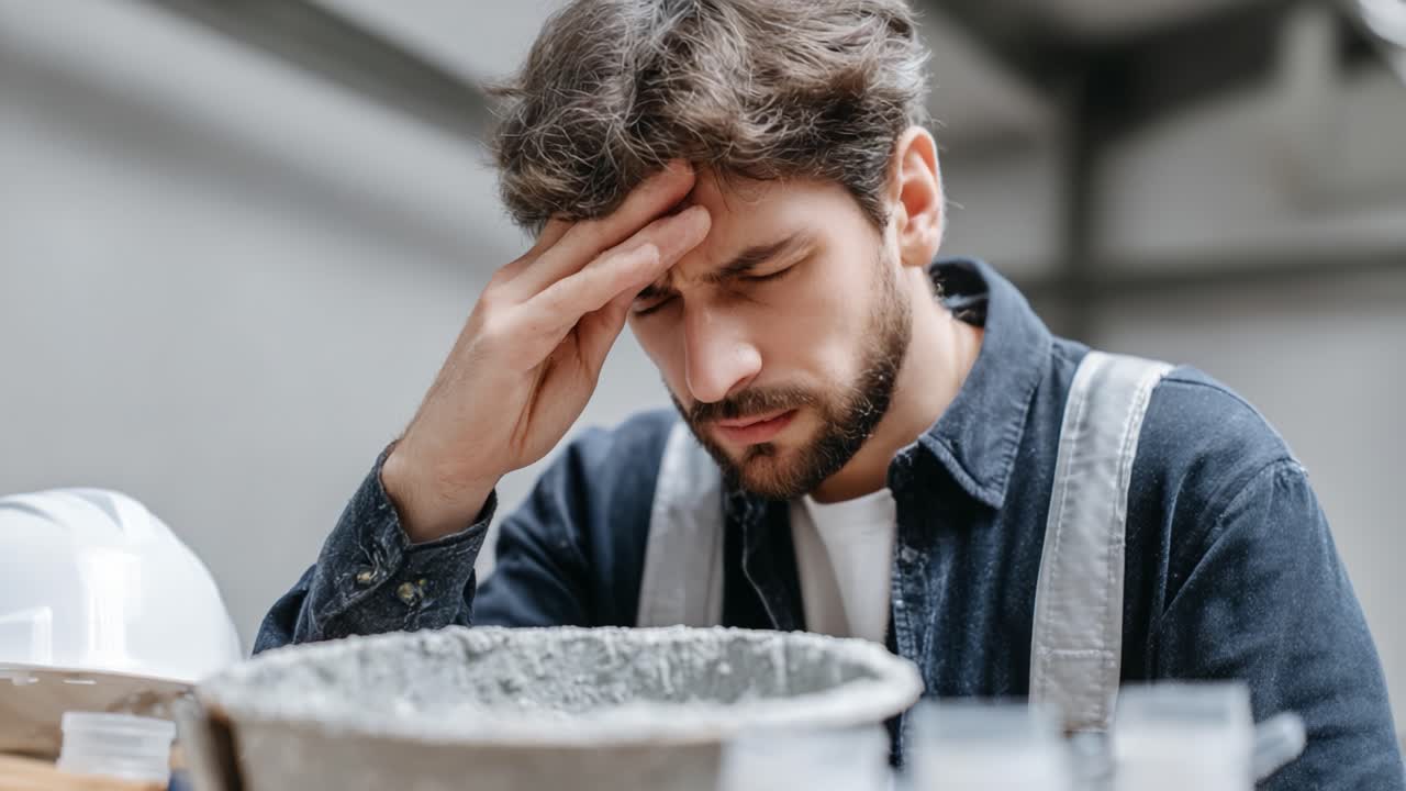 A Worker Reflects on the Challenges of Construction Work, Battling Stress and Frustration While Analyzing the Materials in Front of Him