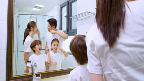 happy family and brushing washing teeth in bathroom for teaching in home with child, morning routine in mirror, reflection