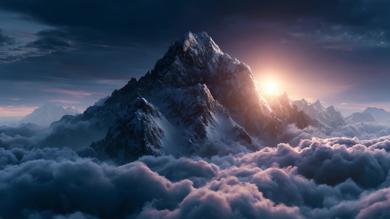 A Majestic Mountain Peak Glows Under the Rising Sun, Surrounded by a Sea of Clouds in a Stunning Natural Landscape